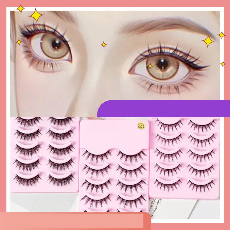 Pack of 5 pairs of black manga false eyelashes in three natural wispy styles 007, 008, 009 for cosplay.