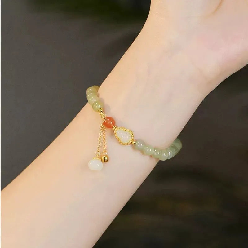 Qingshui jade women's bracelet with fu character and gold gourd motif, 6mm gold plated beads