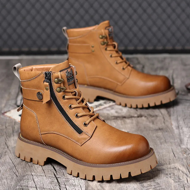 Men's brown leather high-top boots with side zipper and 3-5cm heel, showing round toe and mid-calf length