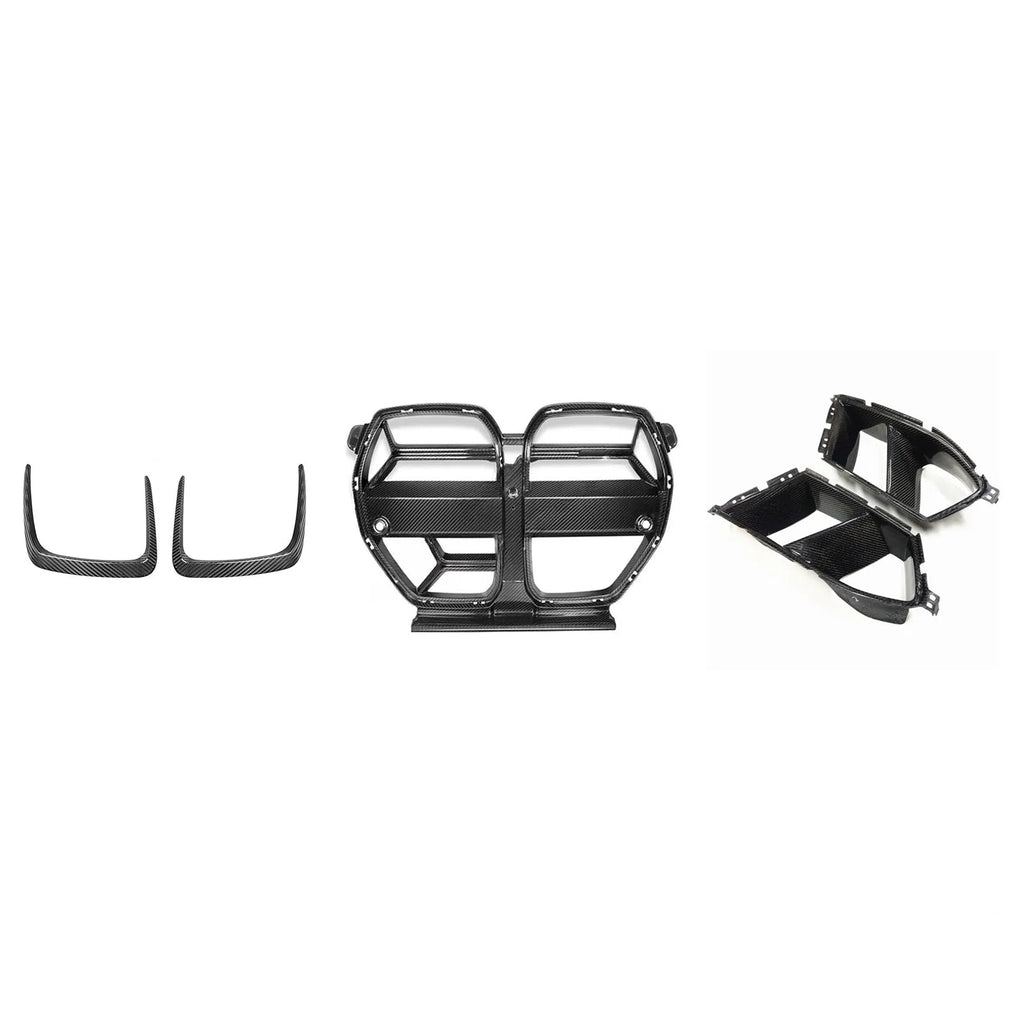Dry carbon fibre front bumper grille with 3K weave for BMW M3 M4 G80 G82 models in black.