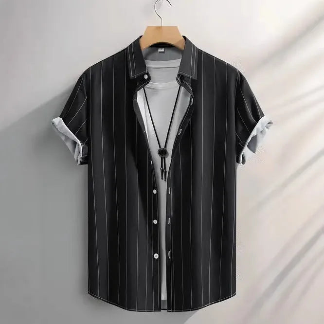 Men's striped short sleeve stand collar shirt in loose cardigan style for summer casual wear