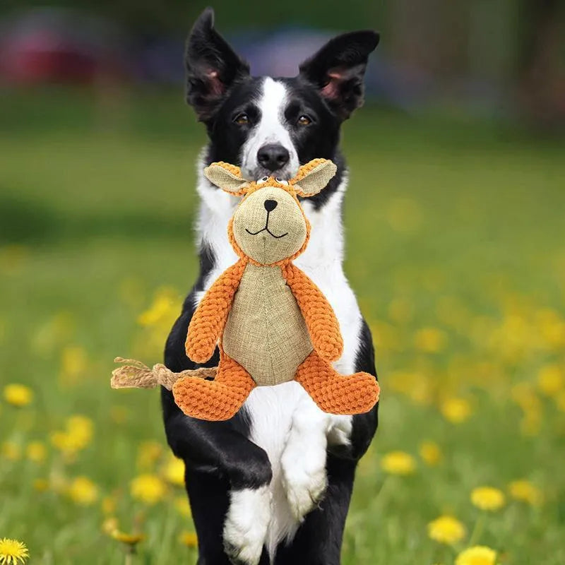 Squeaky plush dog toy in animal shapes for interactive play and teeth cleaning