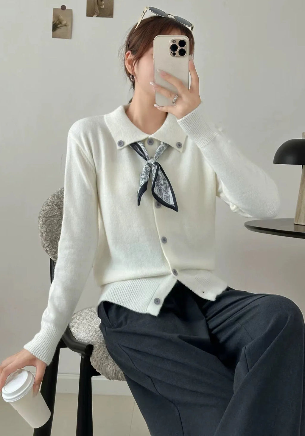Lazy Fashion Lapel Scarf Sweater in cardigan style with integrated scarf, long sleeves, and acrylic fibre construction
