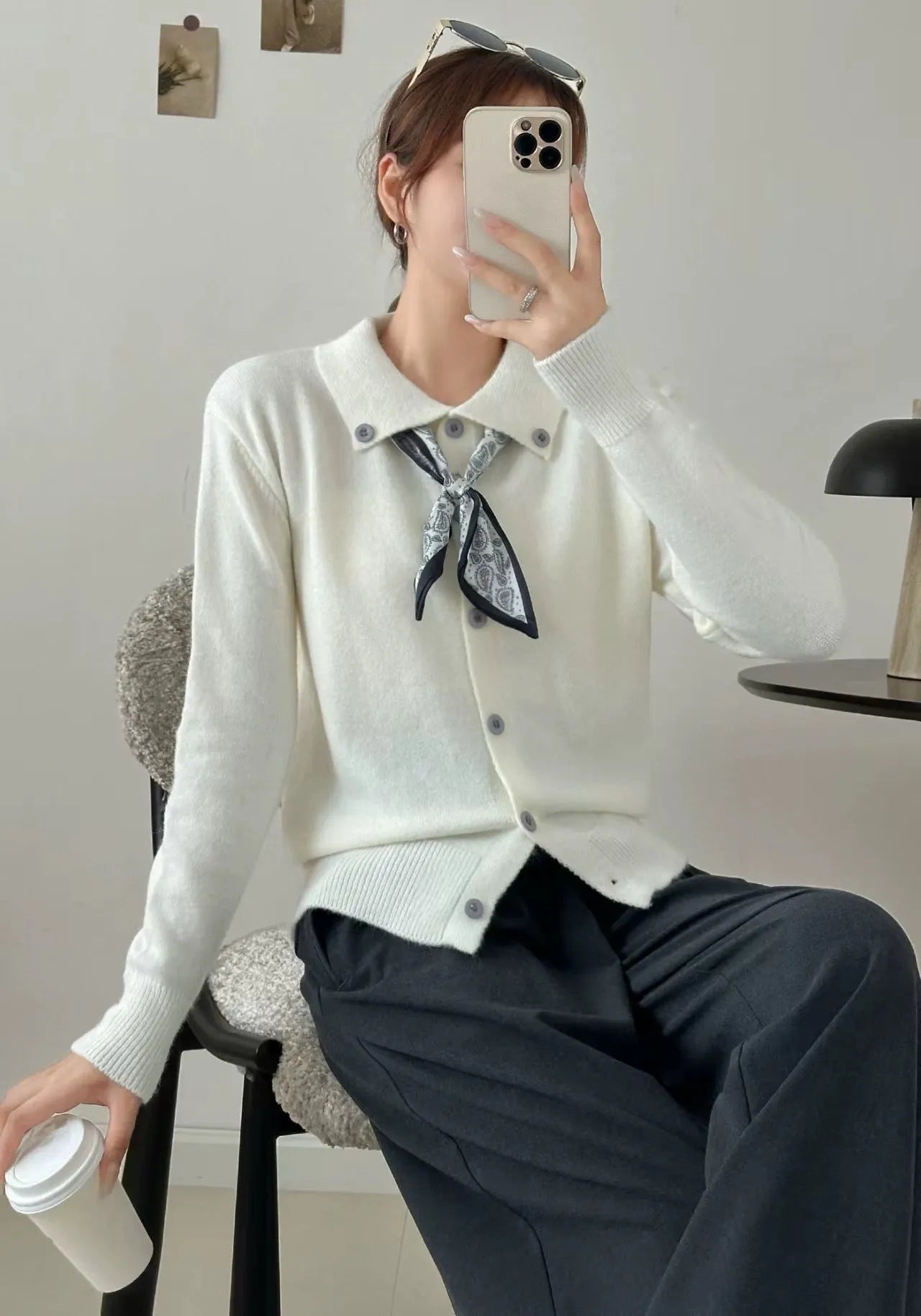 Lazy Fashion Lapel Scarf Sweater in cardigan style with integrated scarf, long sleeves, and acrylic fibre construction