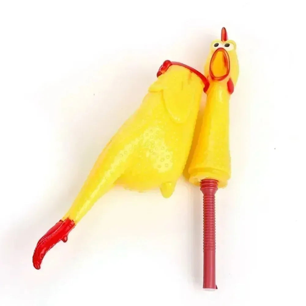 Yellow rubber squeaking chicken dog toy shown in small, medium, and large sizes.
