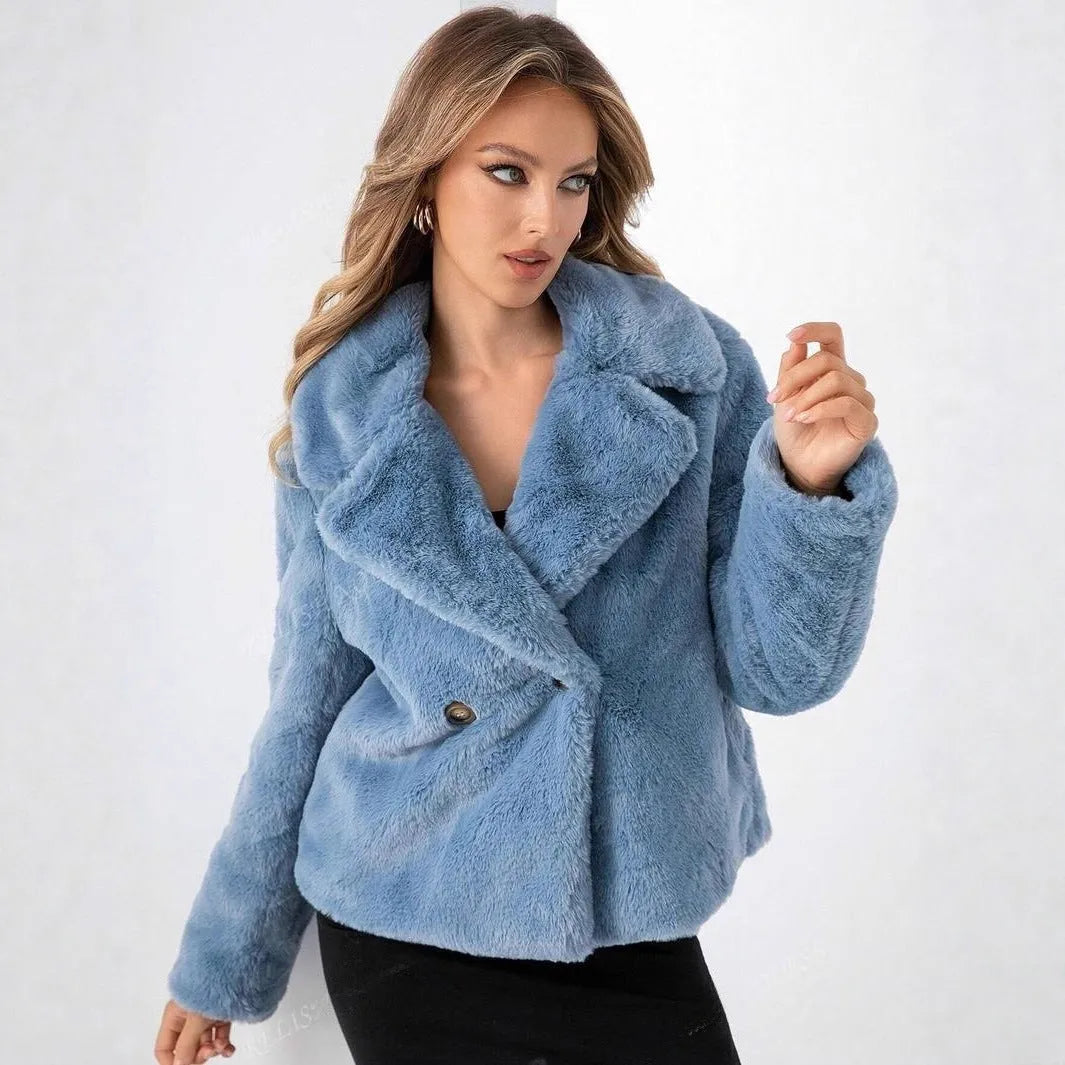 Women's loose short fox fur coat in rose red, 50cm length with regular sleeves and faux fur fabric