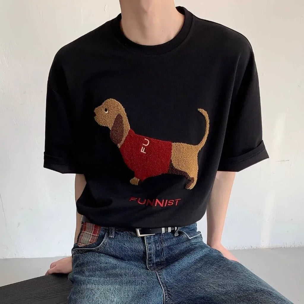Sausage dog towel embroidery on a grey round neck short sleeve cotton T-shirt