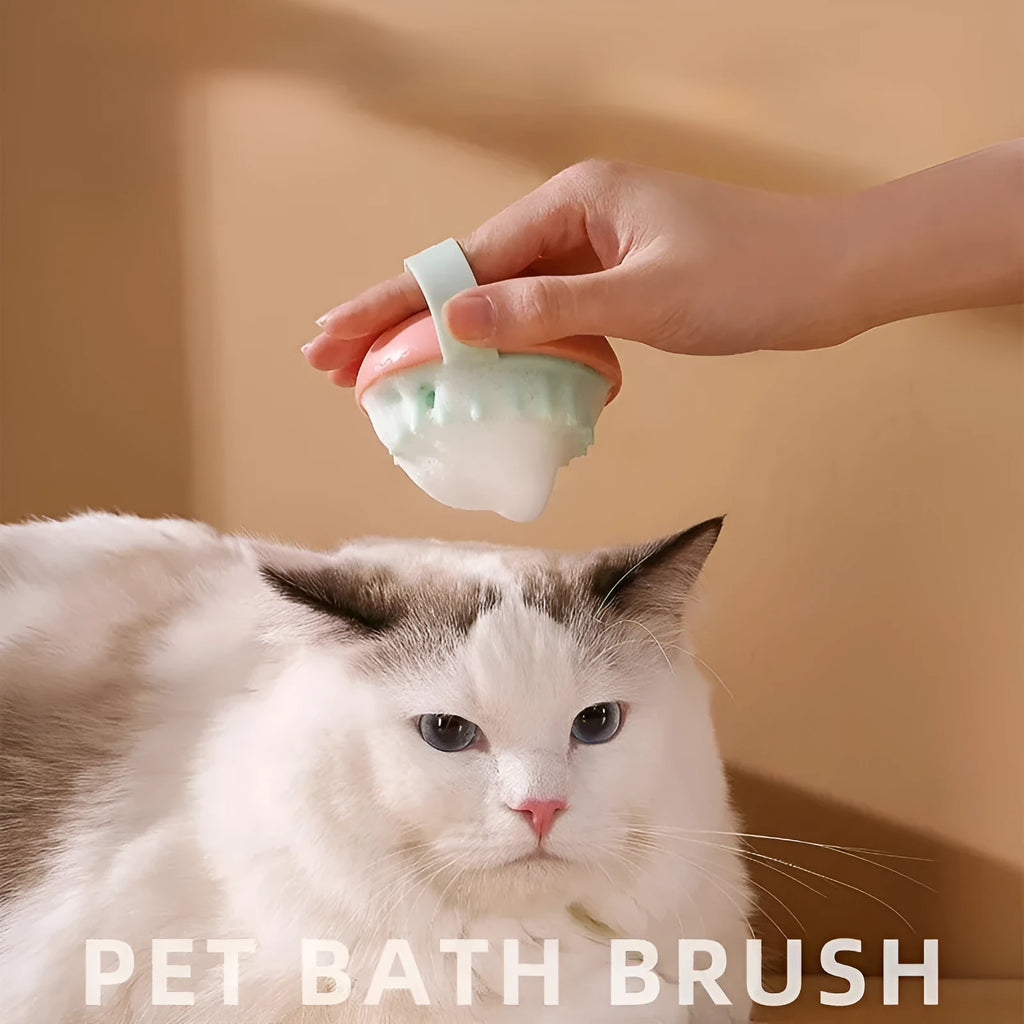 Silicone pet bathing brush with flexible bristles and textured handle in choice of colours