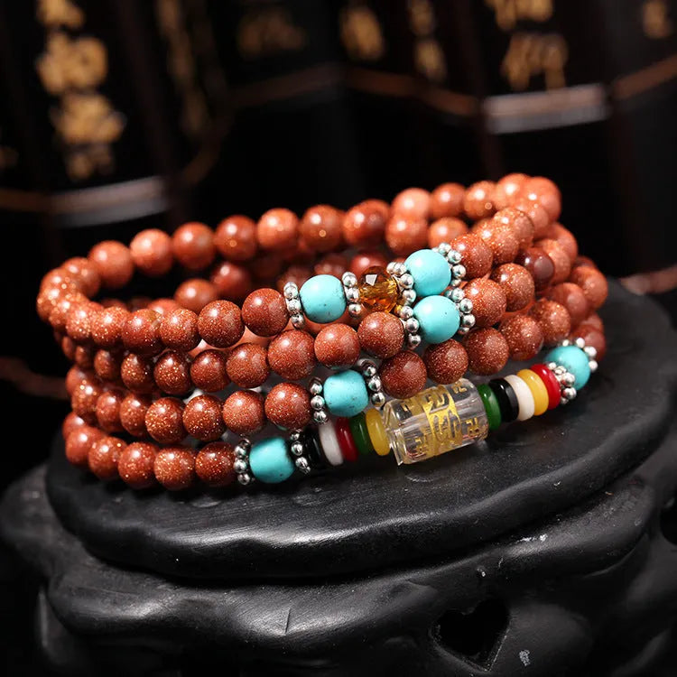 Golden star stone mantra bracelet with 108 beads and fu character pendant