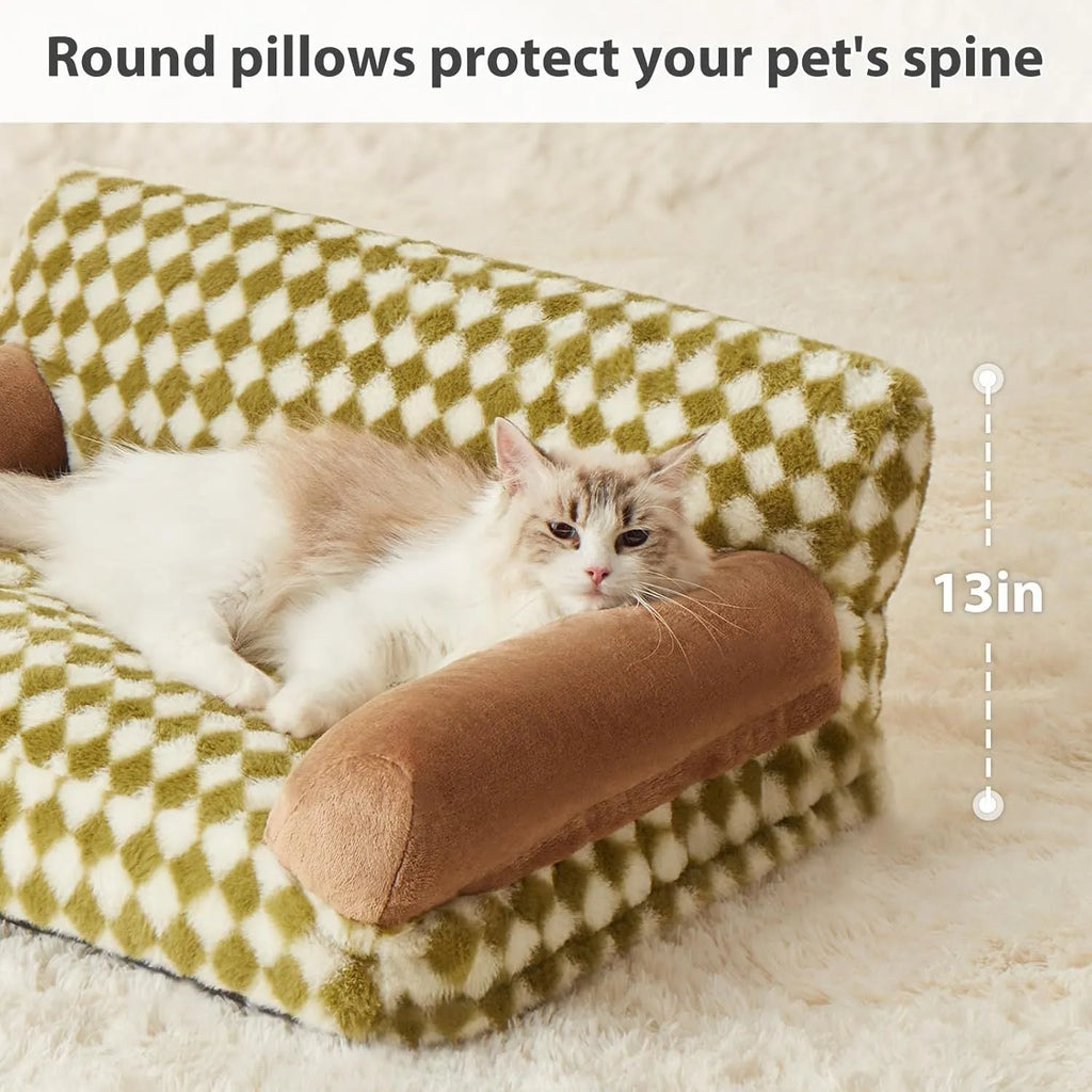Checkered pattern pet sofa bed for small cats and dogs on a wooden floor.