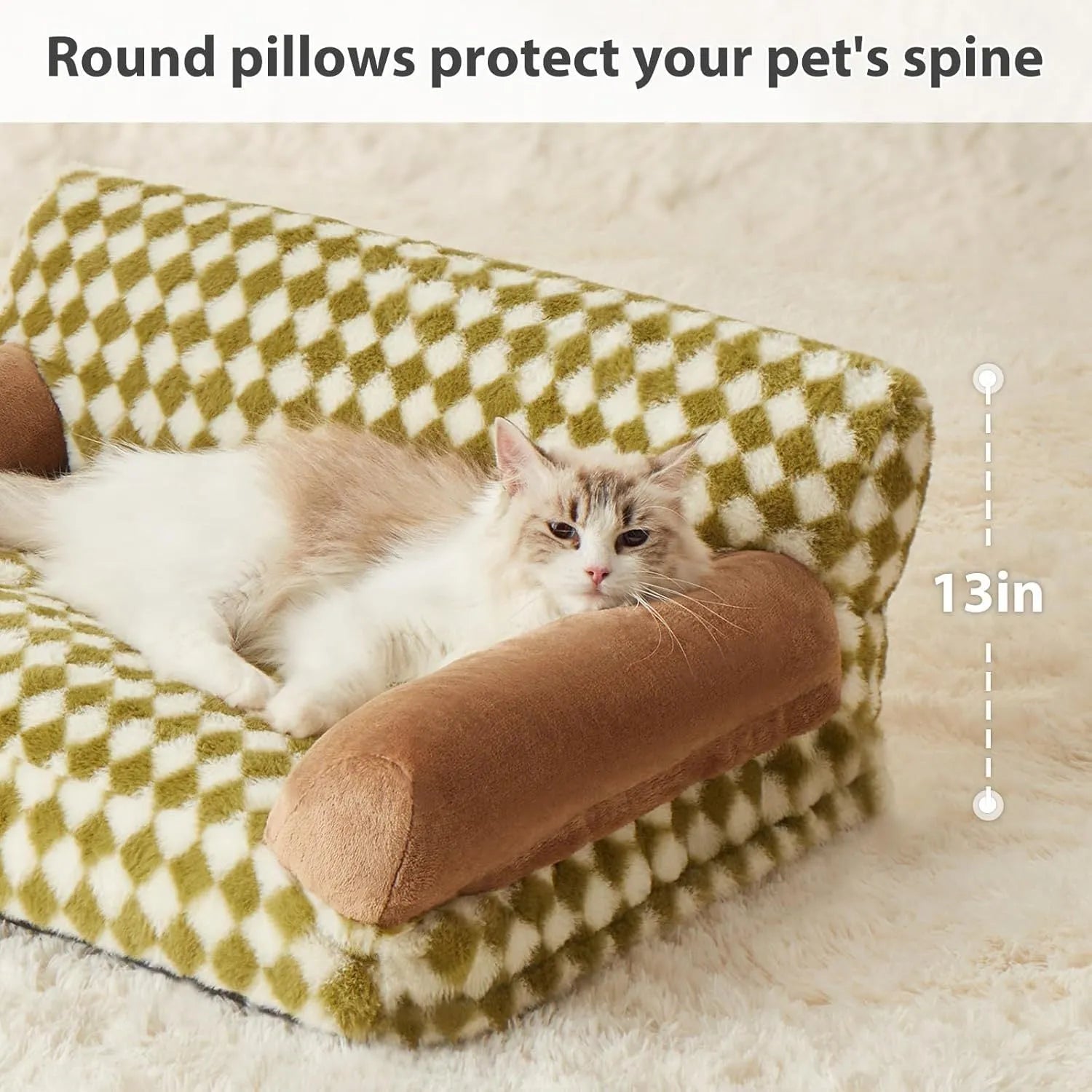 Checkered pattern pet sofa bed for small cats and dogs on a wooden floor.
