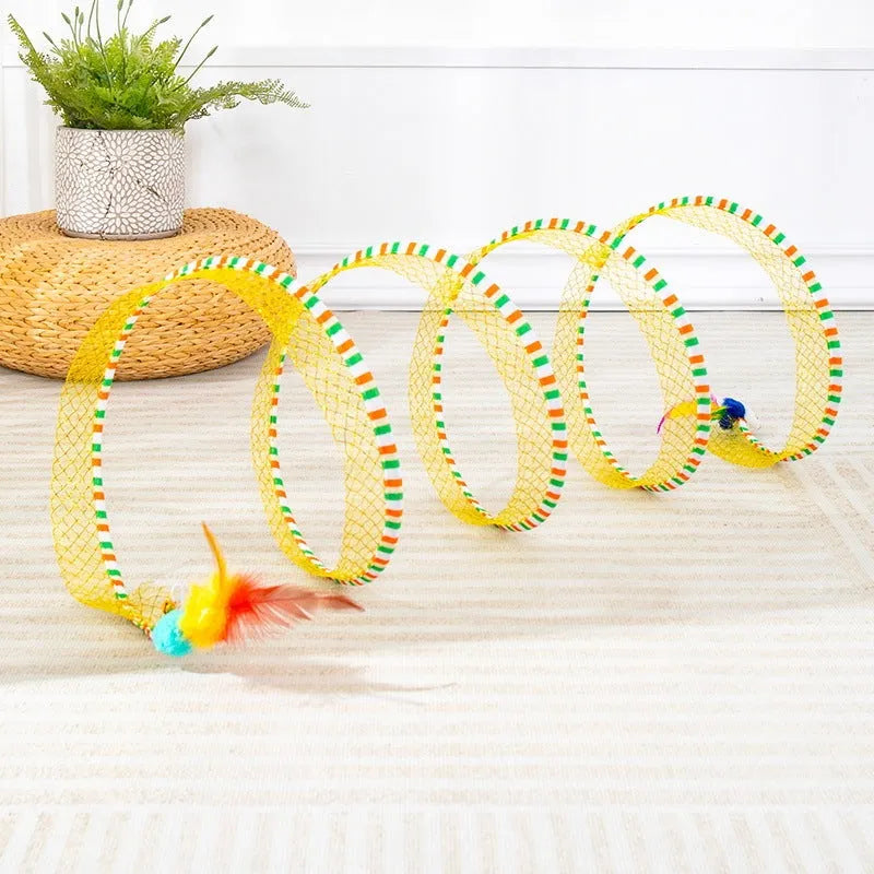 Blue or yellow collapsible cat tunnel with 95cm extendable teasing stick featuring feather attachment