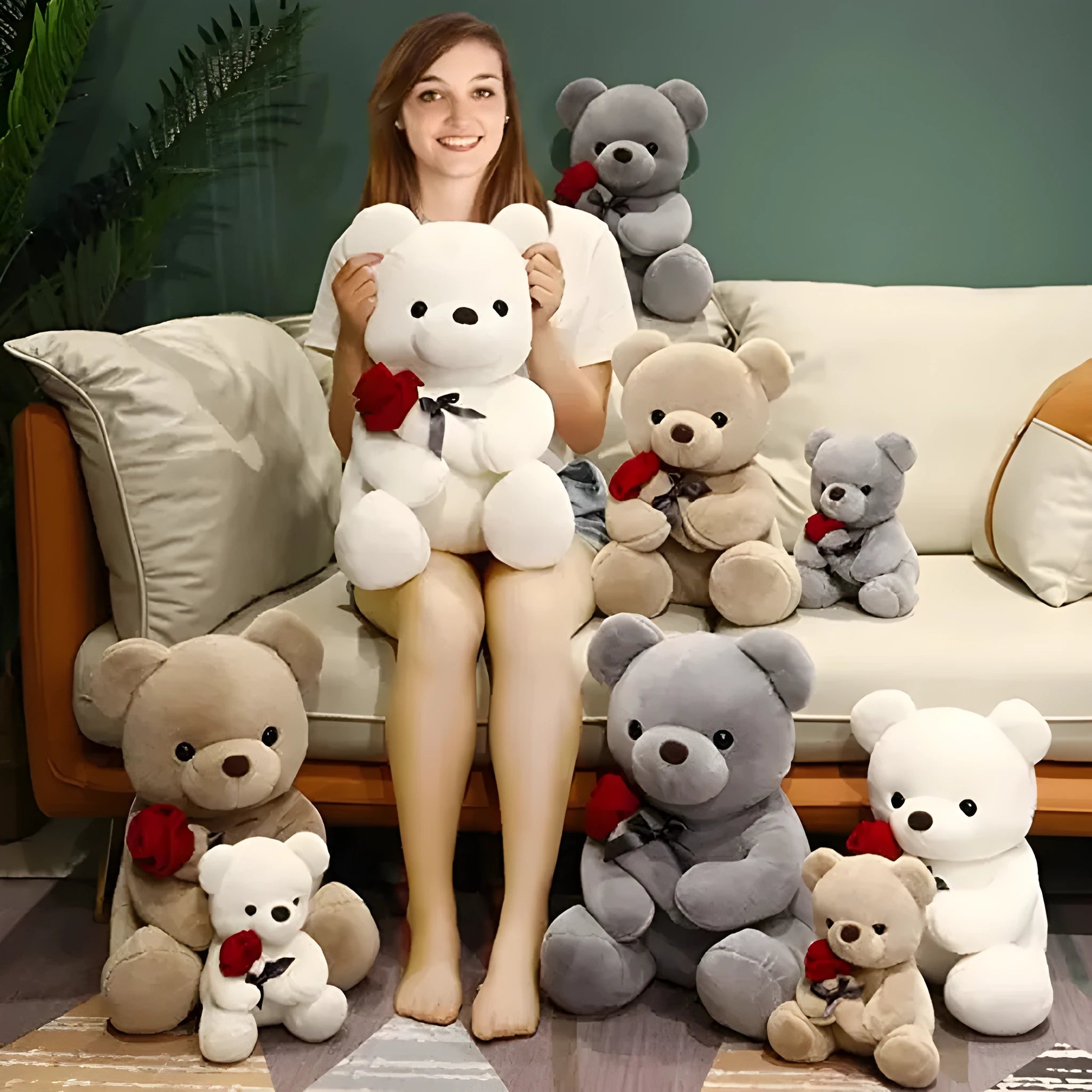 Rose bear plush pillow toy in beige, brown or grey with 23cm to 45cm height options