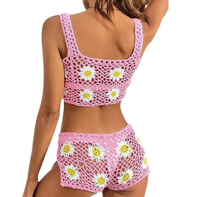 Swimsuit Flower Vest Bikini Suit in light green or pink with floral pattern, hollow yarn fabric