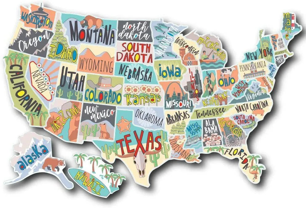 Travel-themed car body sticker set showing two style designs with blank white background map for destination tracking