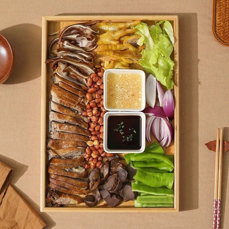 Square bamboo serving tray with brown handle for barbecue and hospitality use