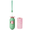 Portable dog poop bag capsule in strawberry, orange, and cherry blossom designs with a roll of scented inner bags.