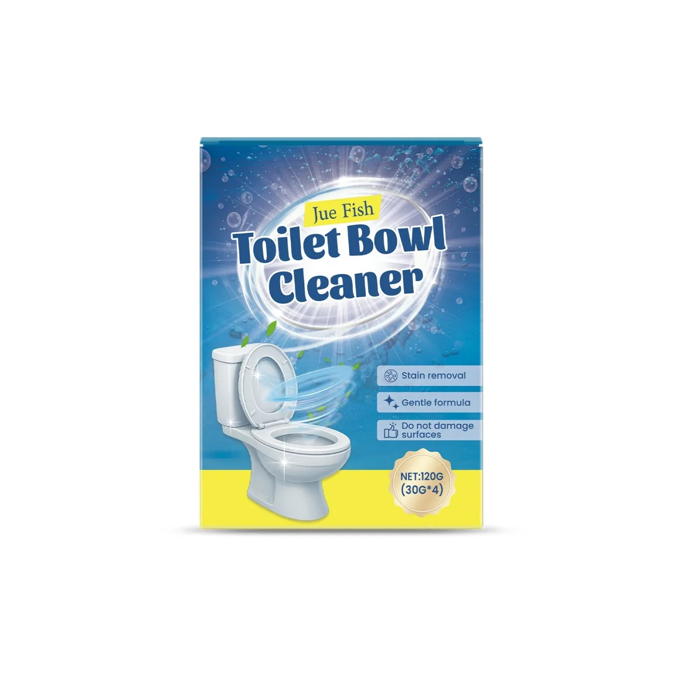 Four 30g sachets of toilet cleaning powder showing ingredients including sodium bicarbonate and citric acid