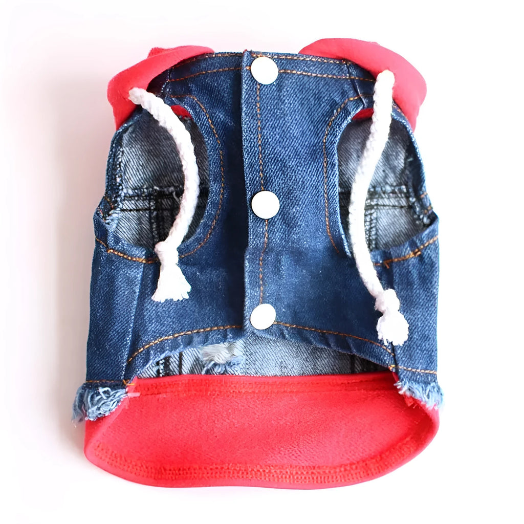Denim dog hooded vest in black or red, British style pet clothing, sizes XS to XXL