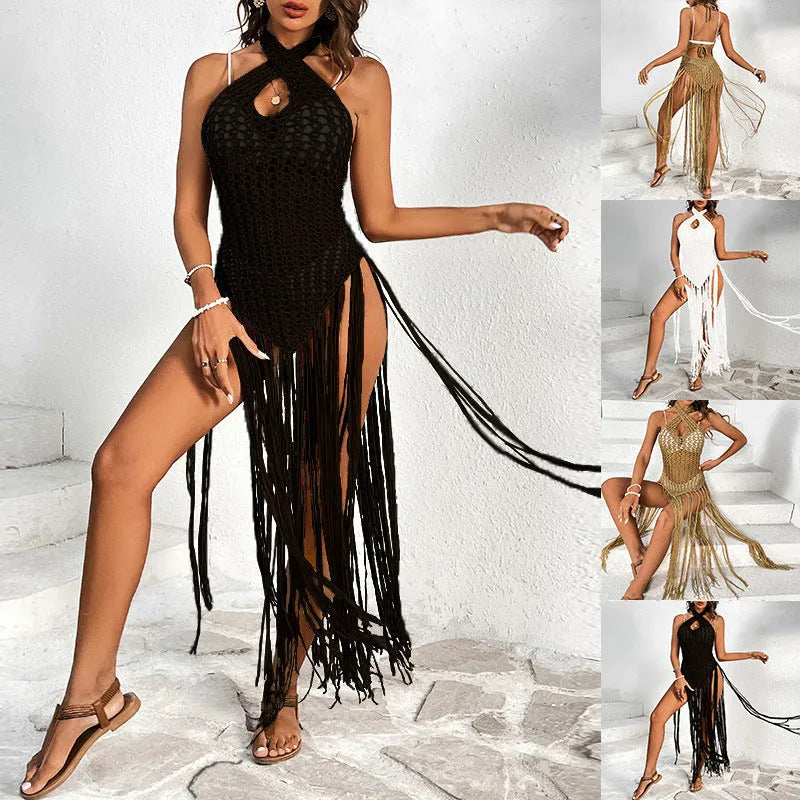 Bikini suit with cross collar and tassels in hollow yarn fabric, available in brown, black, white for beach cover-up use