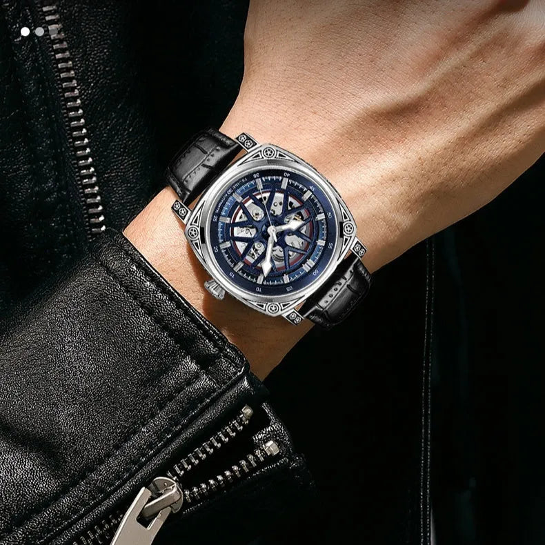 Men's automatic watch with stainless steel case, leather strap, showing 14mm thickness and colour options.