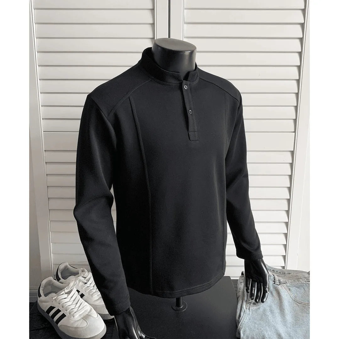 Men's asymmetric patchwork polo shirt with stand-up collar in Chinese cotton, showing loose fit and long sleeves