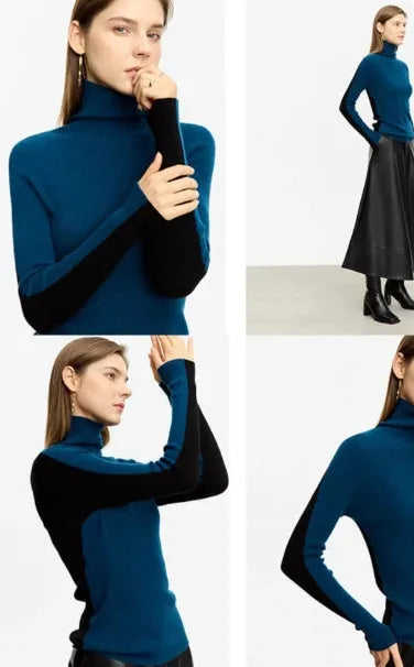 Women's color-block turtleneck wool sweater in retro green, slim fit long sleeve pullover