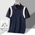Men's striped lapel T-shirt in navy blue with short sleeves and loose fit on a hanger