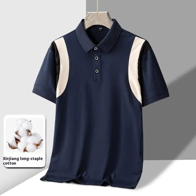 Men's striped lapel T-shirt in navy blue with short sleeves and loose fit on a hanger