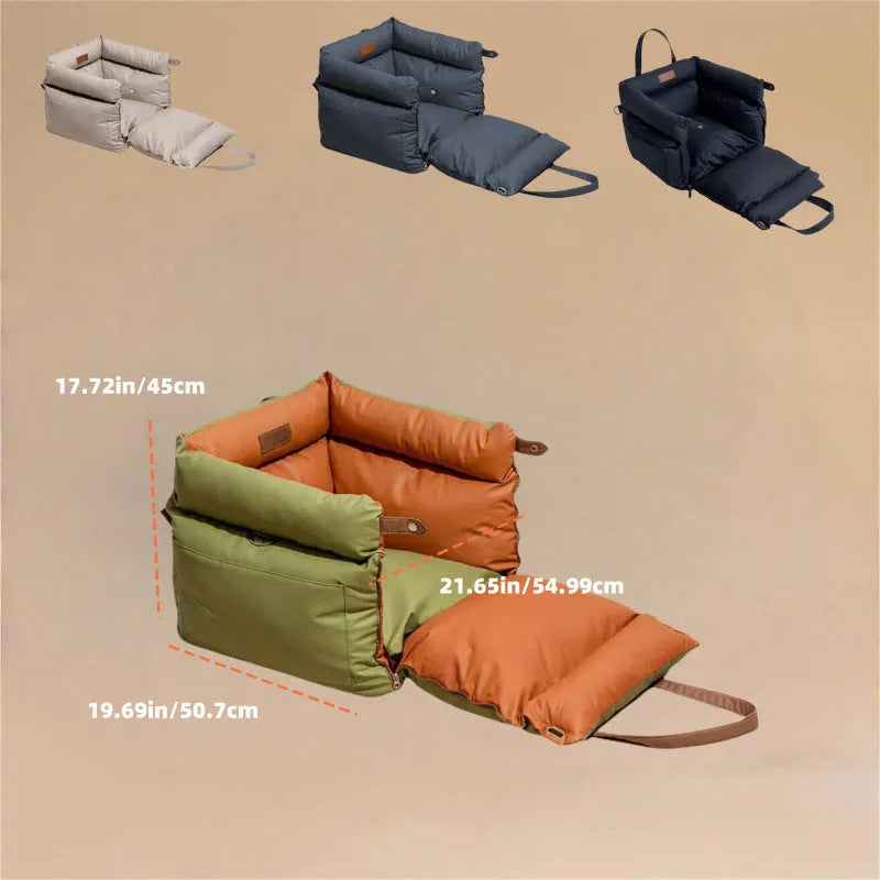 Pet car nest with removable cover in green colour, showing waterproof PU leather base and 55x50x45cm dimensions for dogs