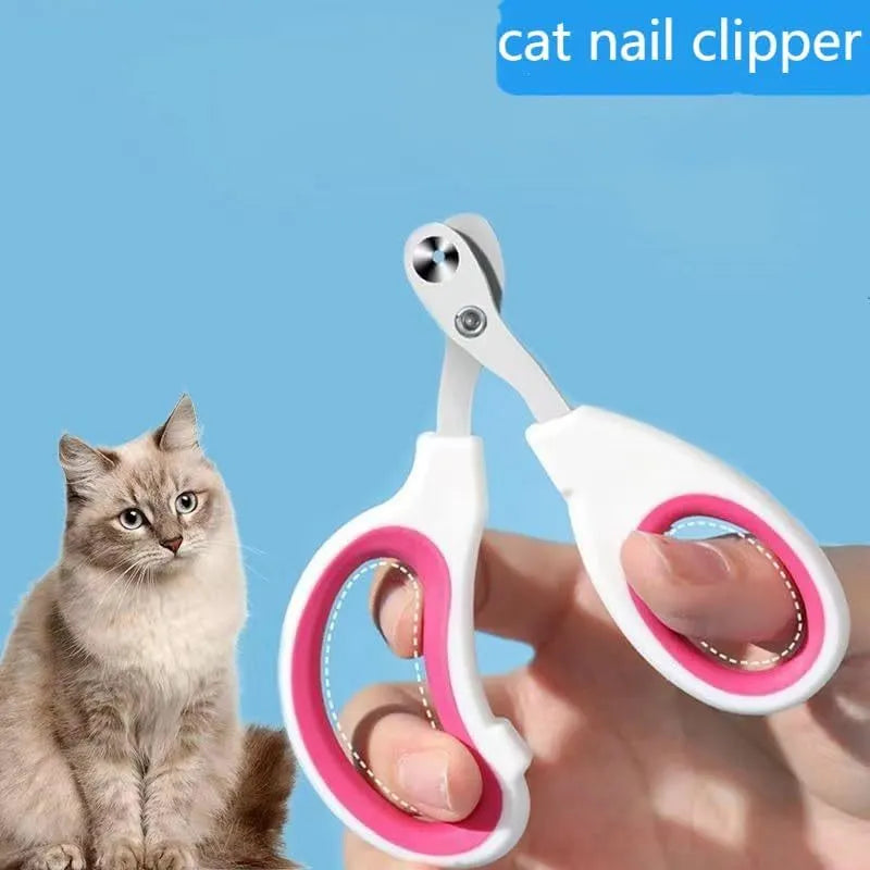 Blue cat nail clippers with circular hole and cushioned handles for trimming pet nails