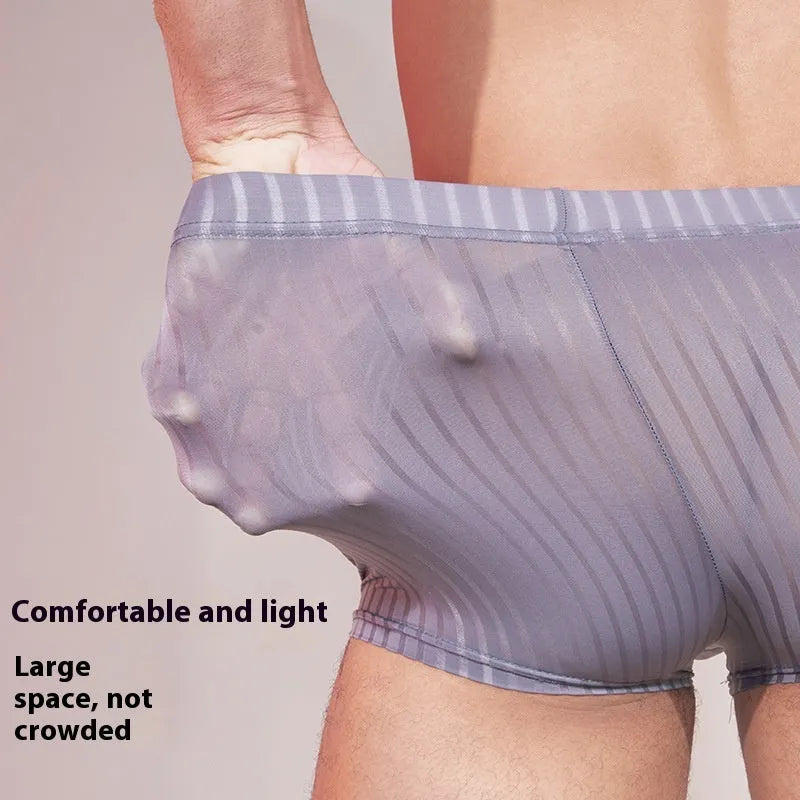 Men's striped nylon underwear in thin transparent fabric showing black, white, and dark grey colour options