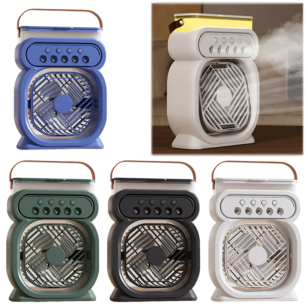 Black portable USB air cooler fan with water reservoir, 7-colour LED lights, and control buttons on a desk.
