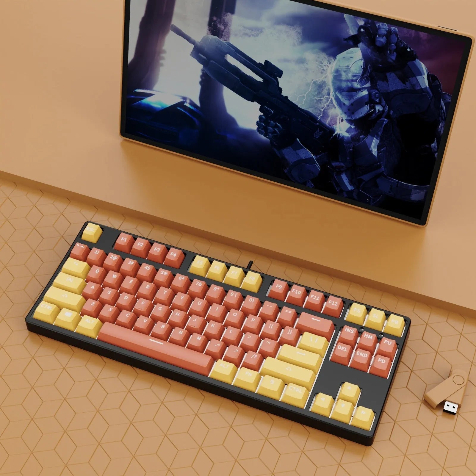 87-key wired mechanical keyboard with two-tone keycaps and metal frame, showing compact design and included tools