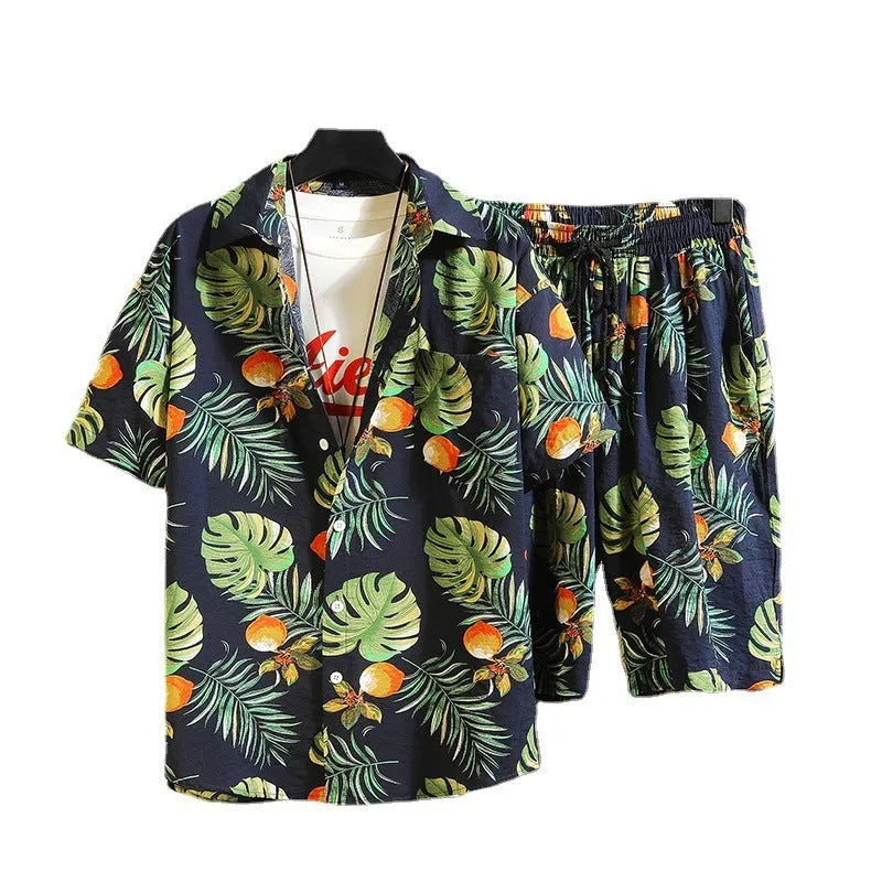 Men's digital print casual short sleeve suit with matching trousers in multiple colour options