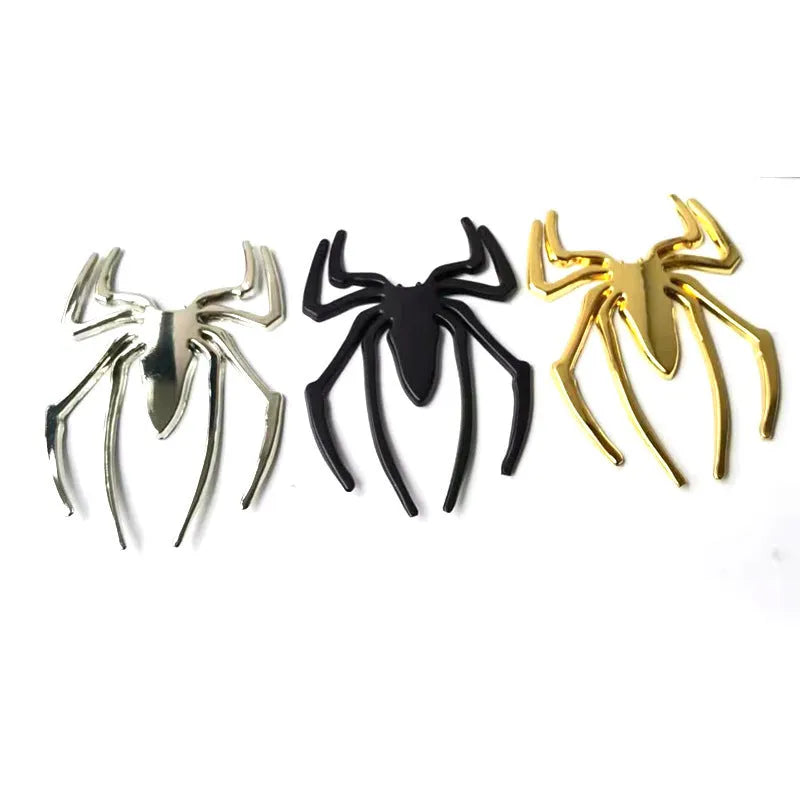 Three-dimensional metal spider bumper sticker showing raised design on zinc alloy with 7x5cm dimensions