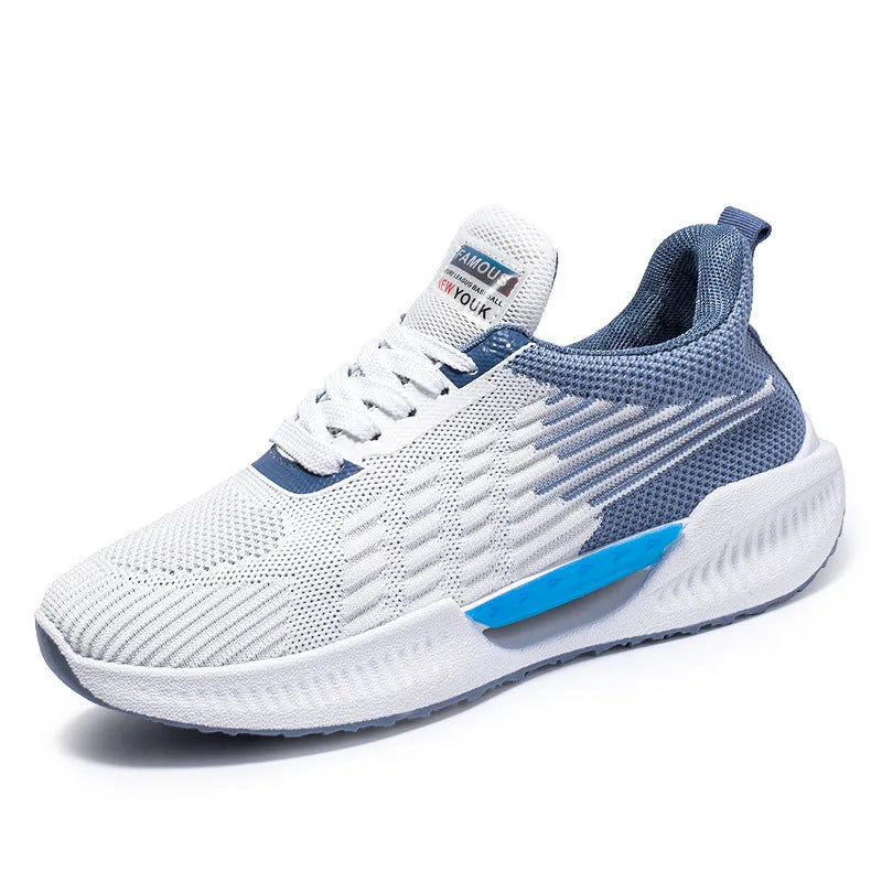 Men's blue casual mesh shoes with cloth upper and injection-moulded plastic sole on grey background