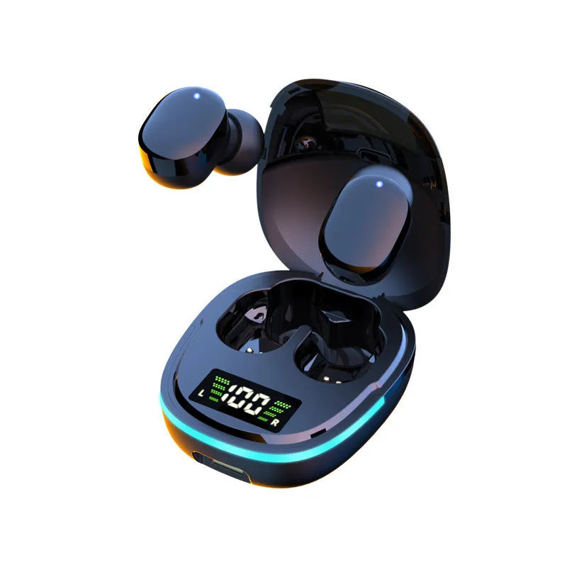 Black true wireless Bluetooth headphones with charging box showing digital battery display and three pairs of different sized ear caps