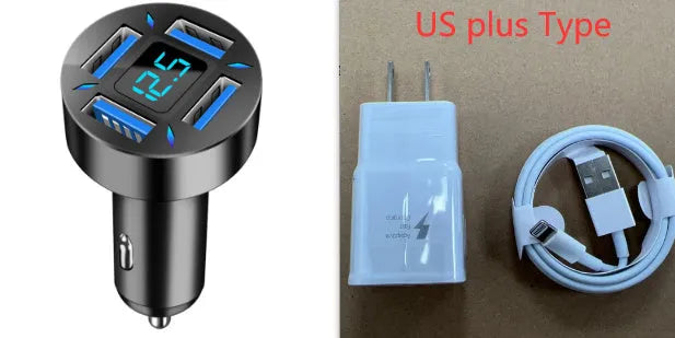 Four-port USB car charger with LED digital display showing voltage indicators, compact design for vehicle cigarette lighter sockets