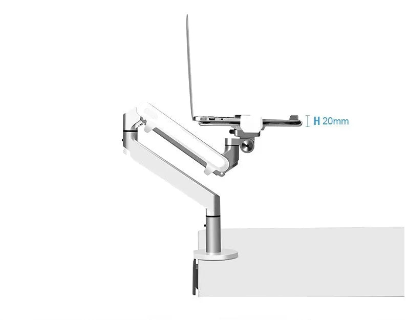 Silver aluminium alloy laptop stand with adjustable height and 360-degree rotation on a wooden desk