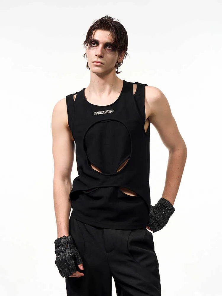 Men's sleeveless waistcoat in black or white with round neck and hollow thread design