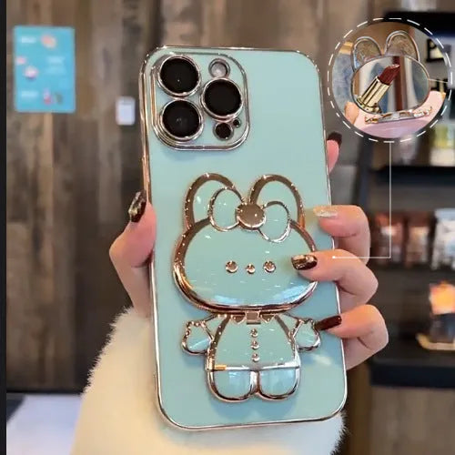 Cartoon rabbit stand mirror phone case for Apple iPhone, TPU electroplated anti-fall cover, pink bracket