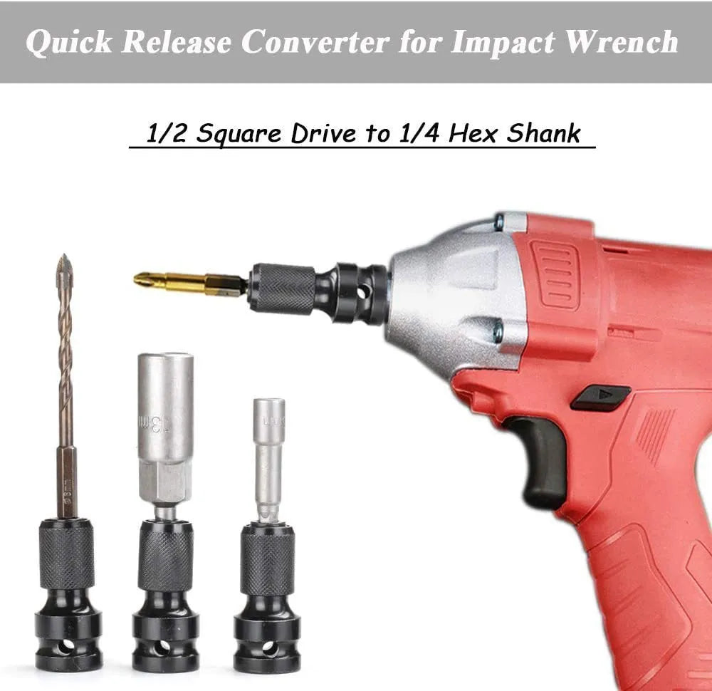 Square turn hexagonal handle electric wrench telescopic bit holder showing 1/2 to 1/4 scaling mechanism