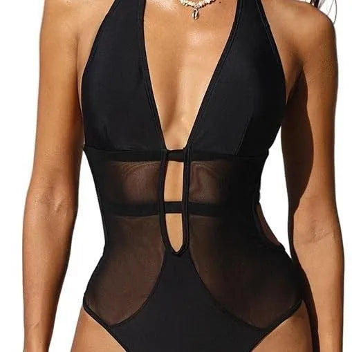 Black women's V-neck one-piece swimsuit with mesh hanging neck detail