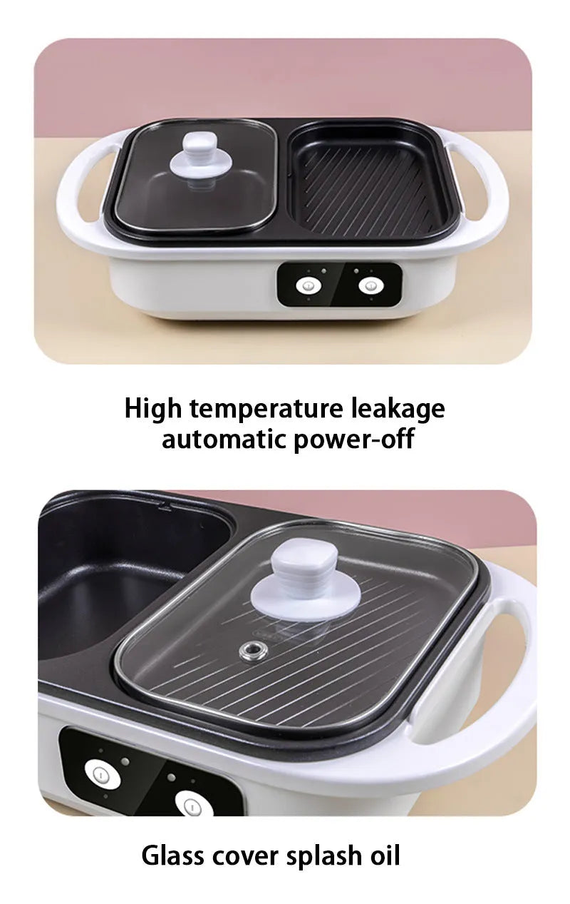 White or green dual-use electric hot pot and frying oven with mechanical dial, dimensions 390mm x 220mm x 120mm.