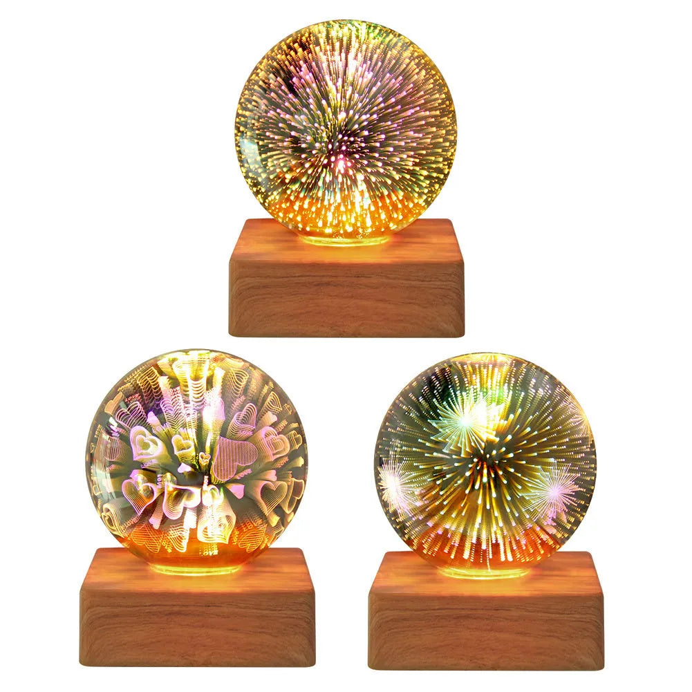 Spherical crystal ball night light with USB plug showing starry sky pattern illumination