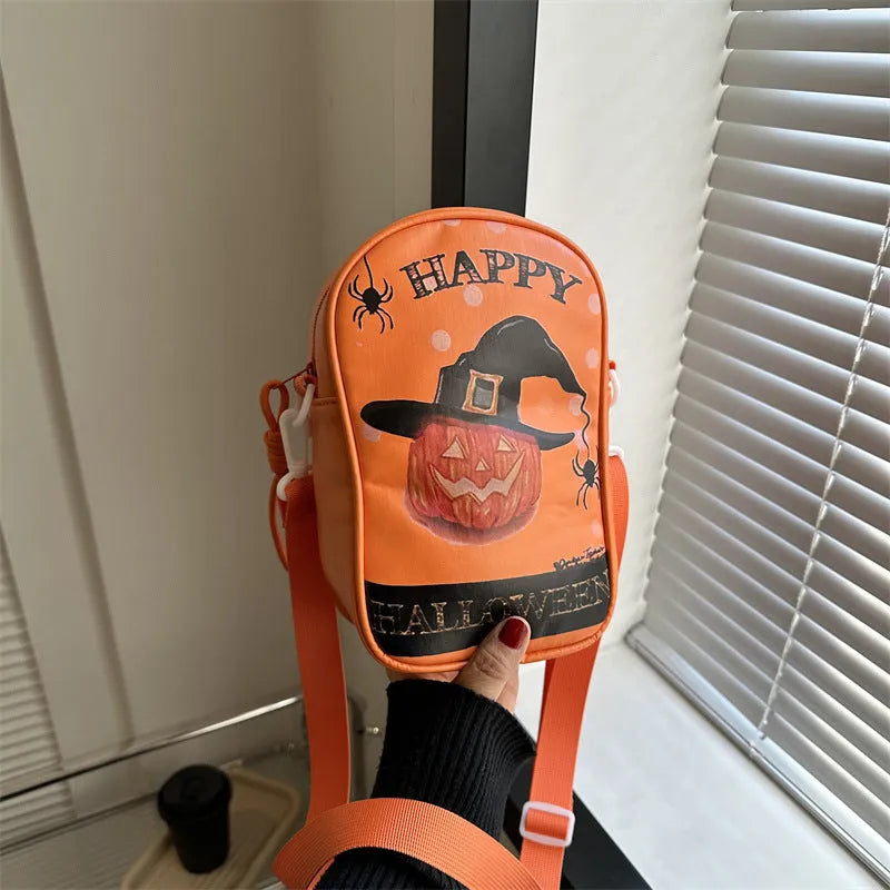 Halloween graffiti crossbody phone bag with pumpkin ghost bat print, 14x23x9.5cm dimensions, PU material