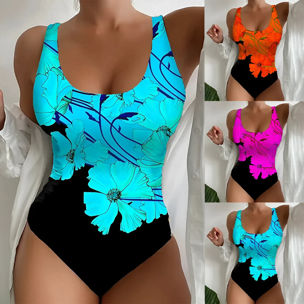 Women's tight 3D printed one-piece swimsuit in orange red, made from Lycra for swimming.