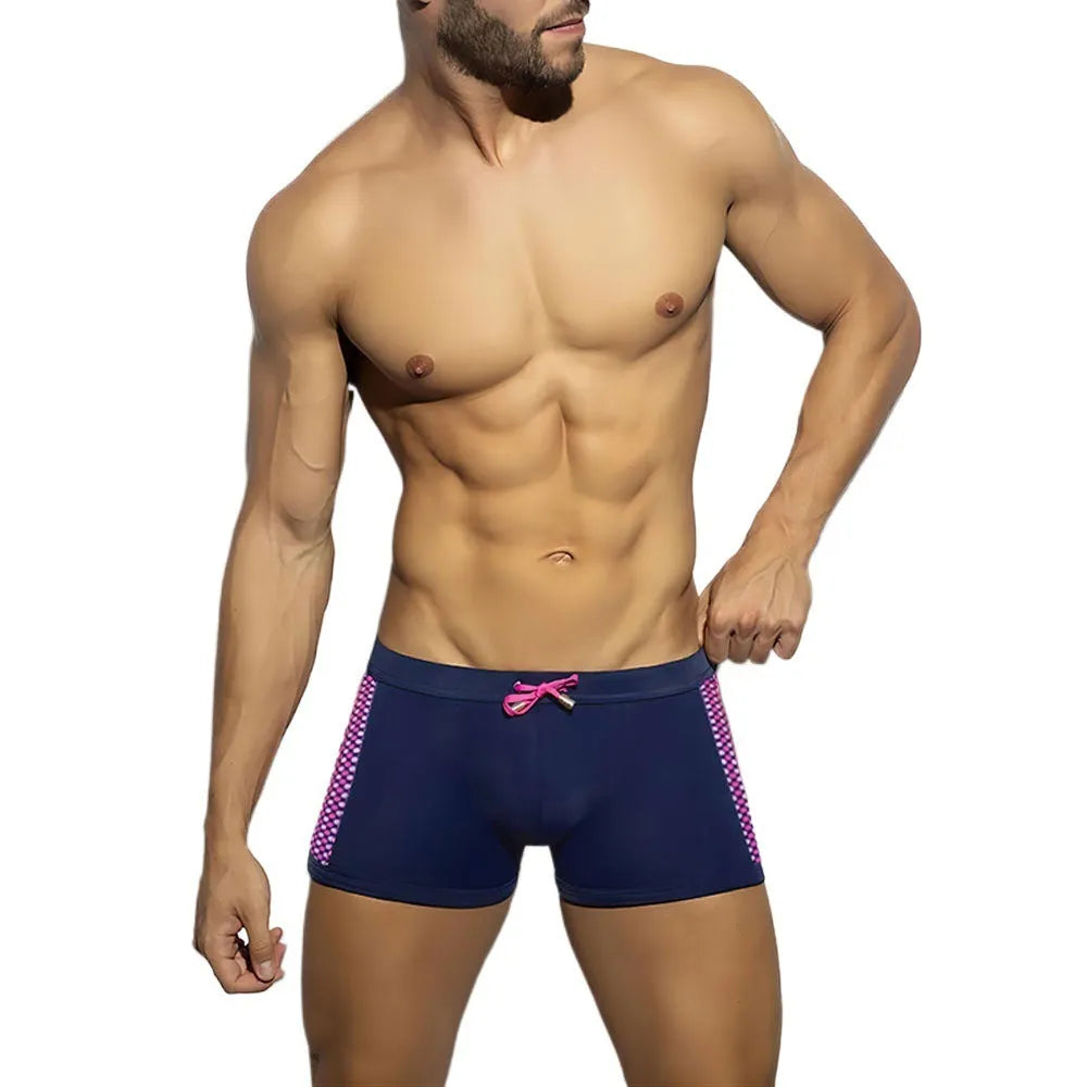 Men's polka dot print swimming boxers in black, dark blue, and yellow, with quick-dry nylon fabric