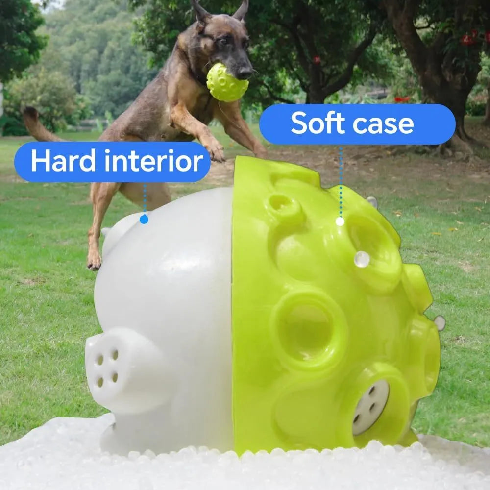 Dog toy ball in black, blue, green, orange, or yellow with squeaky sound generator and teeth-cleaning bumps